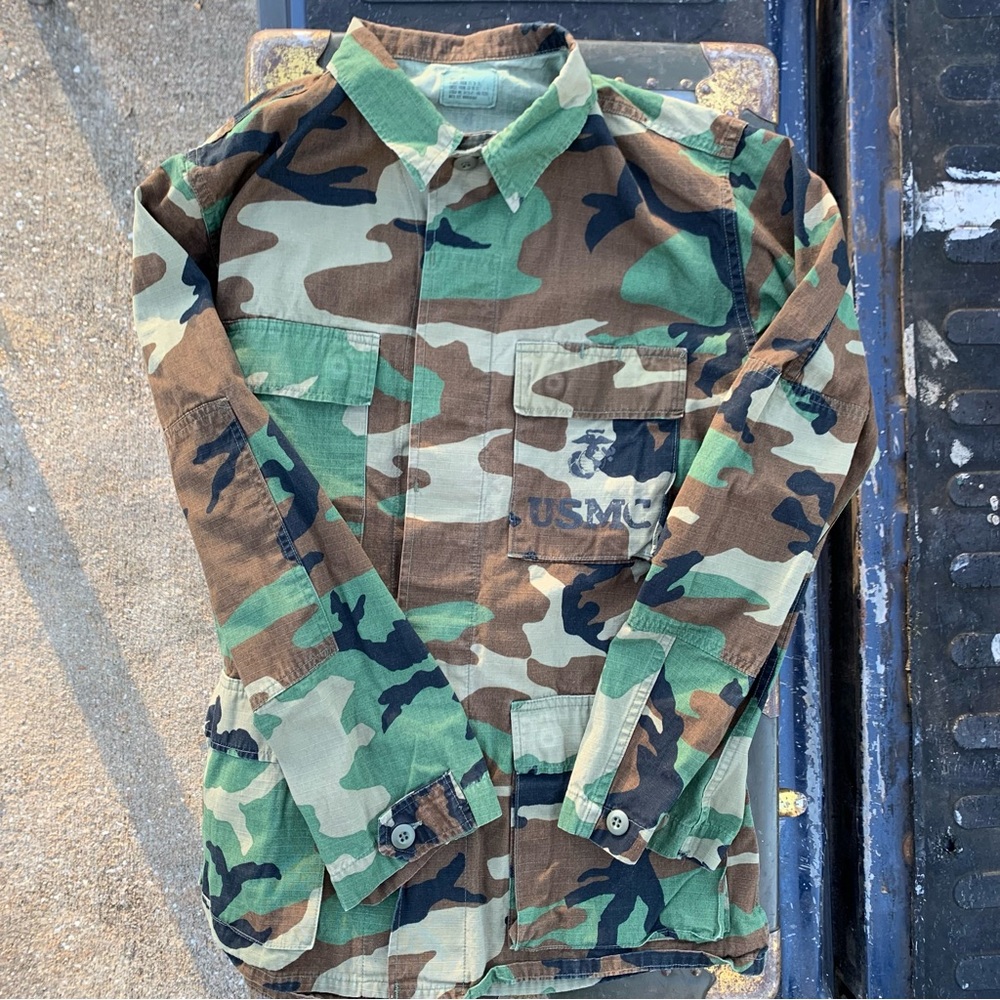 Vintage USMC Woodland Camouflage Military Jacket | SZ: Small Long | USMC Stencil